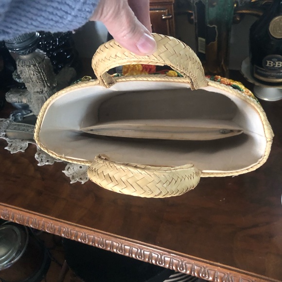 Stunning Vintage 60’s Wicker Seagrass Woven Embroidery Handbag Tote - Picture 7 of 9